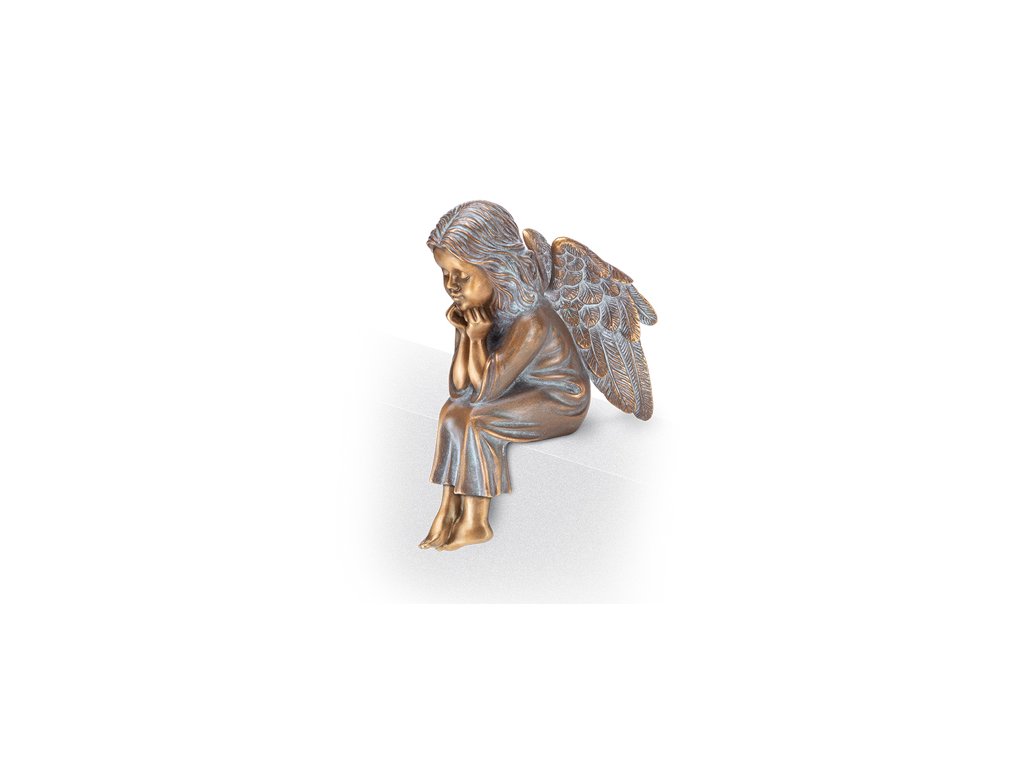 Bronzový sedící anjel na náhrobok, 14,5×6,5×10 cm alebo 19,5×9×14 cm