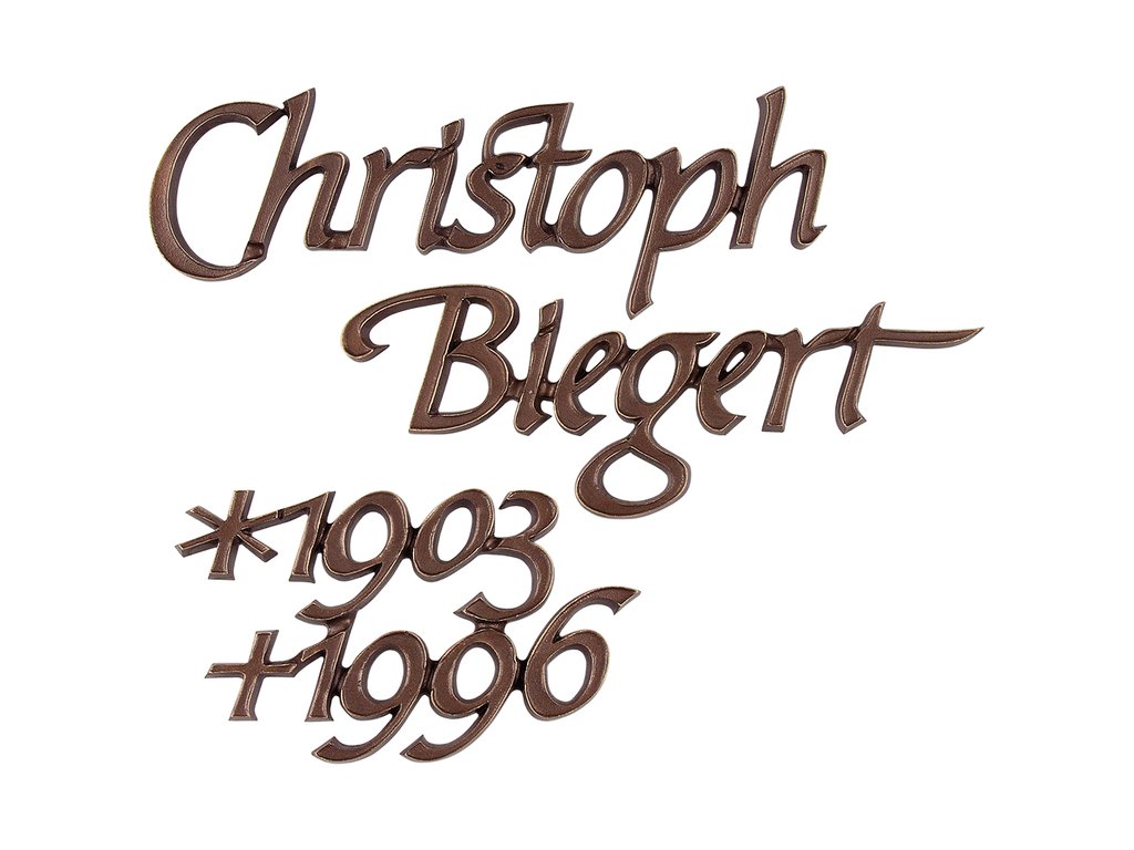 Náhrobný nápis Biegert, bronz alebo hliník, hrúbka 6–15 mm